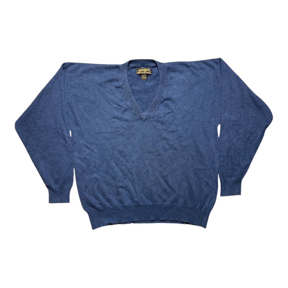 Vintage Eddie Bauer Mens Blue Cotton V-Neck Sweater Made in UK Size Large